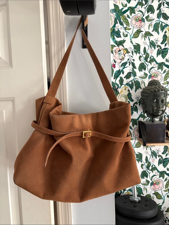 Cider Handbags - Cider Classic Brown Suede Shoulder Bag with Slim Belt Detail